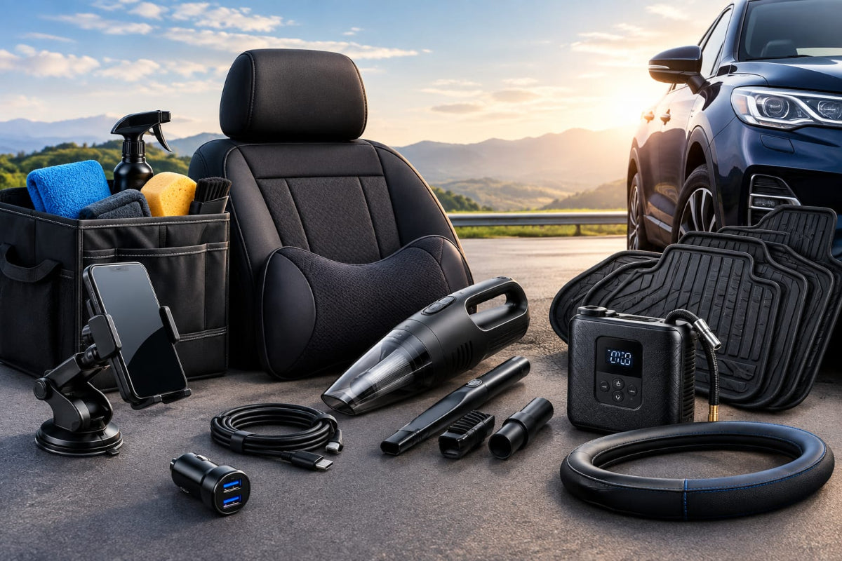 A car interior cleaning kit arranged on a paved surface with a car and outdoor landscape in the background. The kit includes a black handheld vacuum, floor mats, a tire shine block, a car charger, a phone mount, a sponge holder with cleaning supplies, and an air pump. 