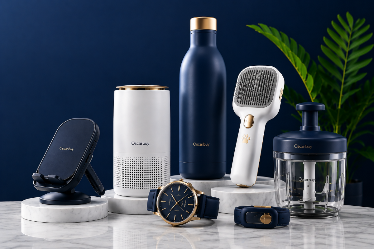 A curated collection of Ocitary smart home and wellness devices arranged on white marble pedestals against a dark navy blue background with a green plant leaf. The products include a dark navy magnetic phone charger, a white cylindrical humidifier, a tall navy water bottle with a gold cap, a white and navy facial cleansing brush, a navy smartwatch, a navy fitness band, and a clear blender jar with a navy lid.