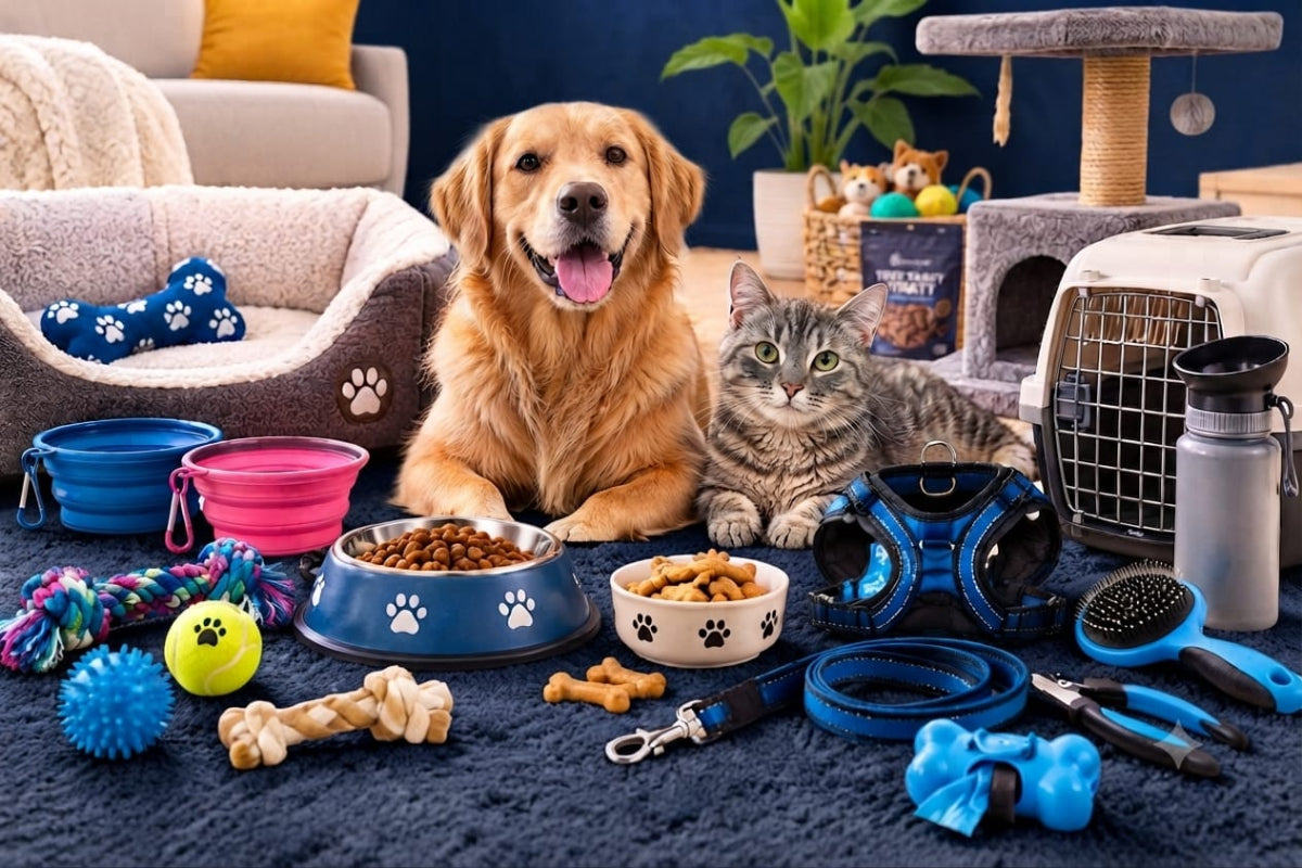 A golden retriever and a gray tabby cat sit together on a dark blue carpet surrounded by pet accessories, including bowls of food, toys, a leash, collar, brush, carrier, and pet bed, with a cat tree and sofa in the background.