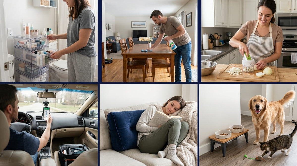 A collage of everyday home cleaning, kitchen organisation, car accessories, comfort products, and pet care solutions from Oscarbuy UK.