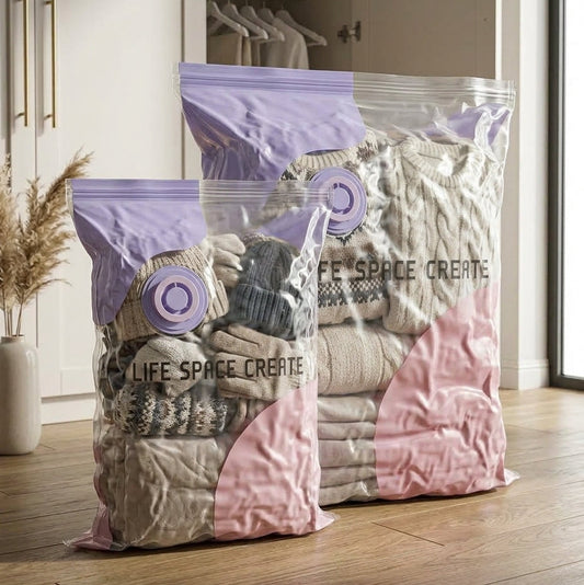 Vacuum storage bags filled with clothes and blankets for space-saving storage